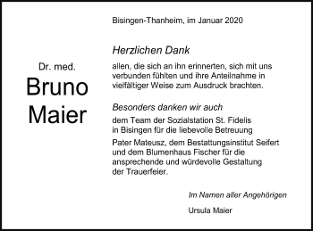 Traueranzeige von Bruno Maier von Hohenzollerische Zeitung