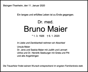 Traueranzeige von Bruno Maier von Hohenzollerische Zeitung