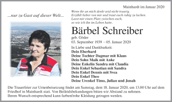 Traueranzeige von Bärbel Schreiber von Haller Tagblatt