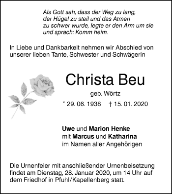 Traueranzeige von Christa Beu von SÜDWEST PRESSE Ausgabe Ulm/Neu-Ulm