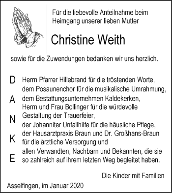 Traueranzeige von Christine Weith von SÜDWEST PRESSE Ausgabe Ulm/Neu-Ulm