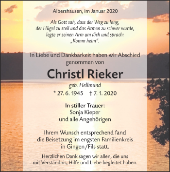 Traueranzeige von Christl Rieker von NWZ Neue Württembergische Zeitung