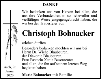 Traueranzeige von Christoph Bohnacker von SÜDWEST PRESSE