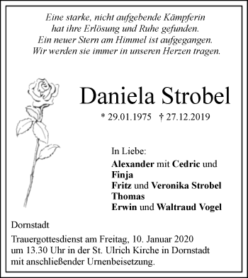 Traueranzeige von Daniela Strobel von SÜDWEST PRESSE Ausgabe Ulm/Neu-Ulm