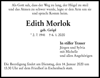 Traueranzeige von Edith Morlok von NWZ Neue Württembergische Zeitung