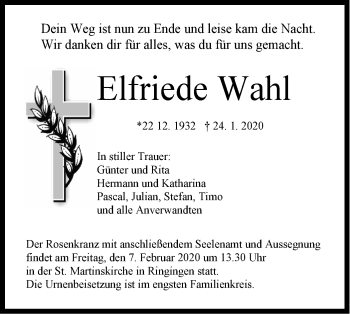 Traueranzeige von Elfriede Wahl von Hohenzollerische Zeitung