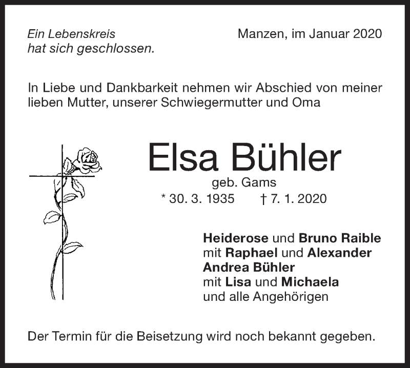  Traueranzeige für Elsa Bühler vom 10.01.2020 aus NWZ Neue Württembergische Zeitung