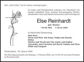 Traueranzeige von Else Reinhardt von Hohenloher Tagblatt