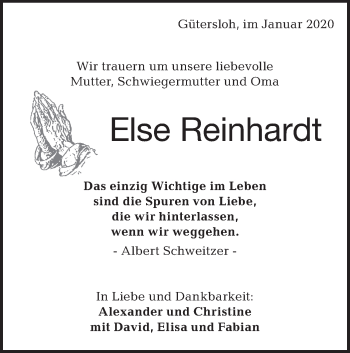 Traueranzeige von Else Reinhardt von Hohenloher Tagblatt