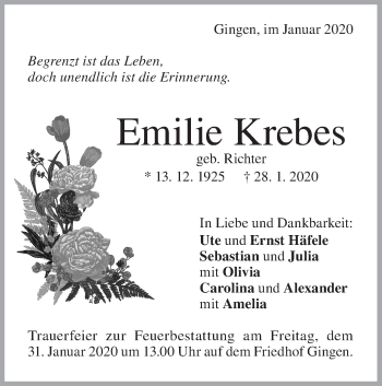 Traueranzeige von Emilie Krebes von Geislinger Zeitung