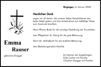 Traueranzeige von Emma Rauser von Hohenzollerische Zeitung