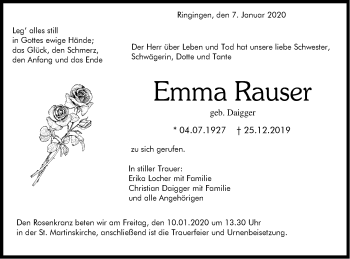 Traueranzeige von Emma Rauser von Hohenzollerische Zeitung