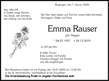 Traueranzeige von Emma Rauser von Hohenzollerische Zeitung