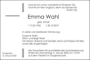 Traueranzeige von Emma Wahl von Haller Tagblatt