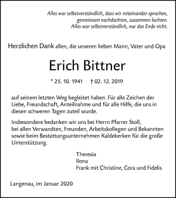 Traueranzeige von Erich Bittner von SÜDWEST PRESSE Ausgabe Ulm/Neu-Ulm