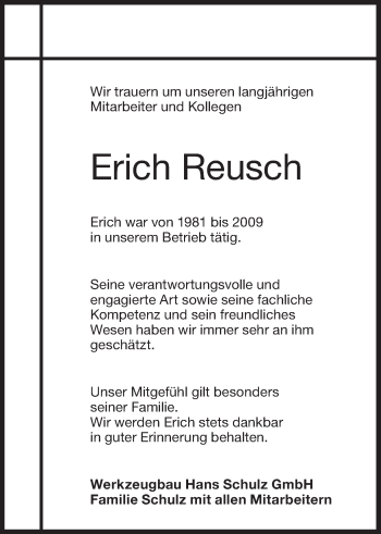 Traueranzeige von Erich Reusch von Metzinger-Uracher Volksblatt