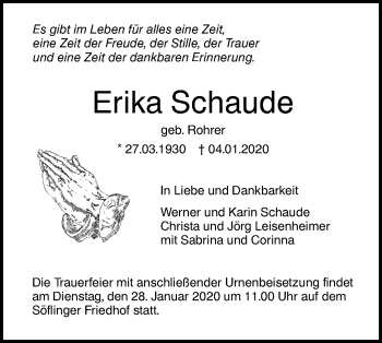 Traueranzeige von Erika Schaude von SÜDWEST PRESSE Ausgabe Ulm/Neu-Ulm