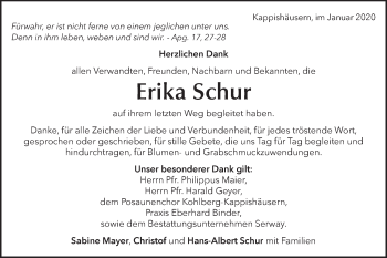 Traueranzeige von Erika Schur von Metzinger-Uracher Volksblatt