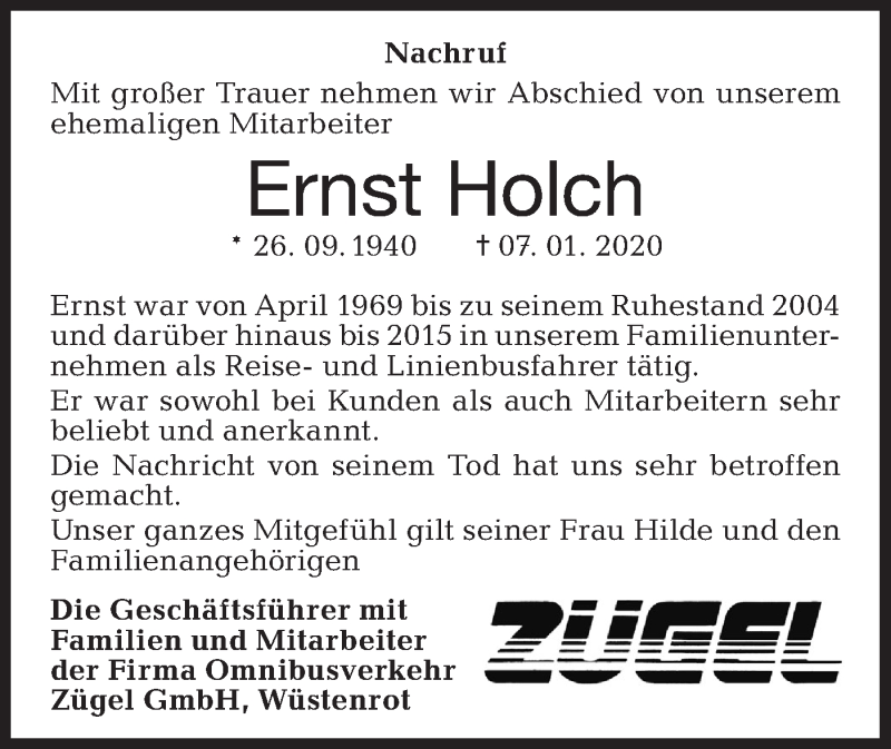  Traueranzeige für Ernst Holch vom 10.01.2020 aus Haller Tagblatt