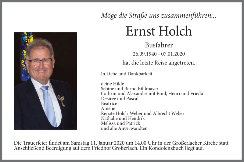  Traueranzeige für Ernst Holch vom 09.01.2020 aus Haller Tagblatt