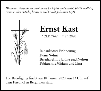 Traueranzeige von Ernst Kast von SÜDWEST PRESSE Ausgabe Ulm/Neu-Ulm