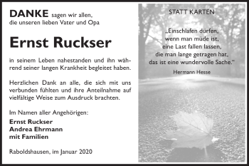 Traueranzeige von Ernst Ruckser von Hohenloher Tagblatt