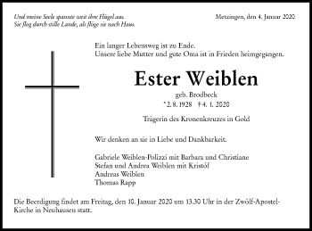 Traueranzeige von Ester Weiblen von Metzinger-Uracher Volksblatt