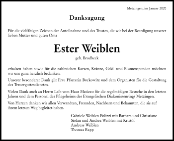 Traueranzeige von Ester Weiblen von Metzinger-Uracher Volksblatt