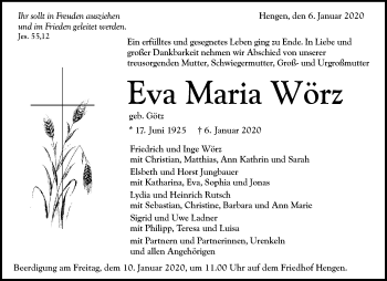 Traueranzeige von Eva Maria Wörz von Alb-Bote/Metzinger-Uracher Volksblatt