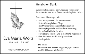 Traueranzeige von Eva Maria Wörz von Alb-Bote/Metzinger-Uracher Volksblatt