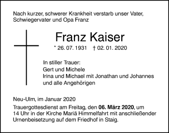 Traueranzeige von Franz Kaiser von SÜDWEST PRESSE Ausgabe Ulm/Neu-Ulm