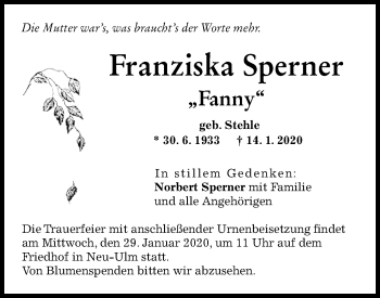 Traueranzeige von Franziska Sperner von SÜDWEST PRESSE Ausgabe Ulm/Neu-Ulm