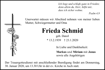 Traueranzeige von Frieda Schmid von SÜDWEST PRESSE Ausgabe Ulm/Neu-Ulm