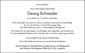 Traueranzeige von Georg Schneider von SÜDWEST PRESSE Ausgabe Ulm/Neu-Ulm