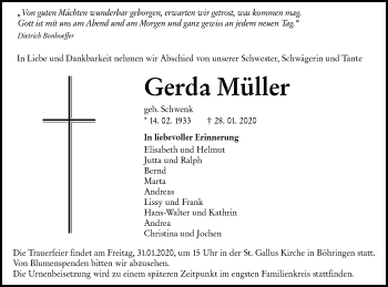 Traueranzeige von Gerda Müller von Alb-Bote/Metzinger-Uracher Volksblatt