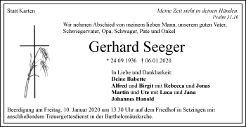 Traueranzeige von Gerhard Seeger von SÜDWEST PRESSE Ausgabe Ulm/Neu-Ulm