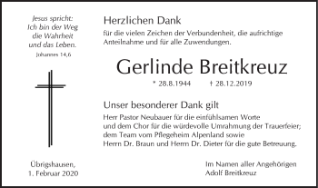 Traueranzeige von Gerlinde Breitkreuz von Haller Tagblatt