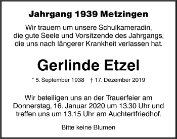 Traueranzeige von Gerlinde Etzel von Metzinger-Uracher Volksblatt