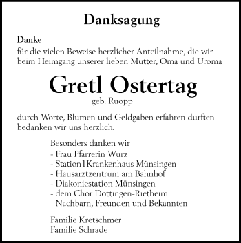 Traueranzeige von Gretl Ostertag von Alb-Bote/Metzinger-Uracher Volksblatt