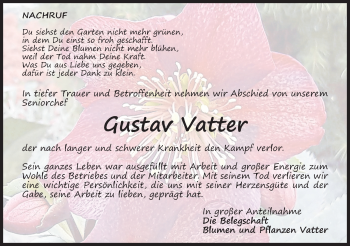 Traueranzeige von Gustav Vatter von Metzinger-Uracher Volksblatt