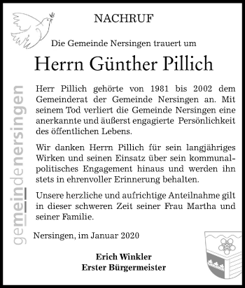 Traueranzeige von Günther Pillich von SÜDWEST PRESSE Ausgabe Ulm/Neu-Ulm