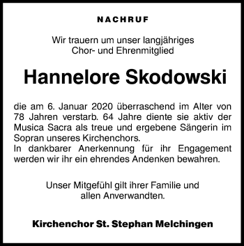 Traueranzeige von Hannelore Skodowski von Hohenzollerische Zeitung