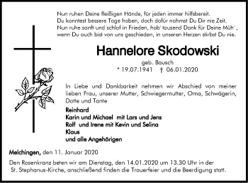 Traueranzeige von Hannelore Skodowski von Hohenzollerische Zeitung