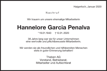 Traueranzeige von Hannelore Garcia Penalva von Hohenzollerische Zeitung