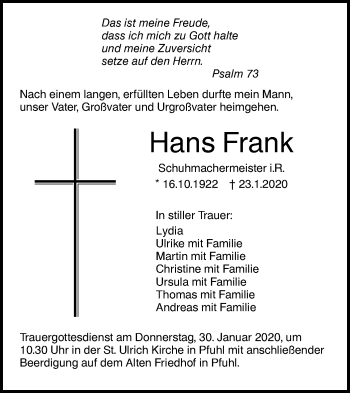 Traueranzeige von Hans Frank von SÜDWEST PRESSE Ausgabe Ulm/Neu-Ulm