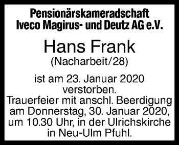 Traueranzeige von Hans Frank von SÜDWEST PRESSE Ausgabe Ulm/Neu-Ulm