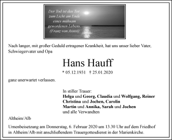 Traueranzeige von Hans Hauff von SÜDWEST PRESSE Ausgabe Ulm/Neu-Ulm