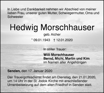 Traueranzeige von Hedwig Morschhauser von SÜDWEST PRESSE Ausgabe Ulm/Neu-Ulm