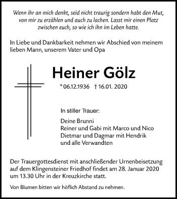 Traueranzeige von Heiner Gölz von SÜDWEST PRESSE Ausgabe Ulm/Neu-Ulm