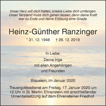 Traueranzeige von Heinz-Günther Ranzinger von SÜDWEST PRESSE Ausgabe Ulm/Neu-Ulm